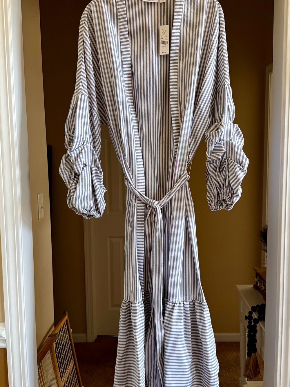New York & Company Blue and White Striped Maxi Wrap Dress